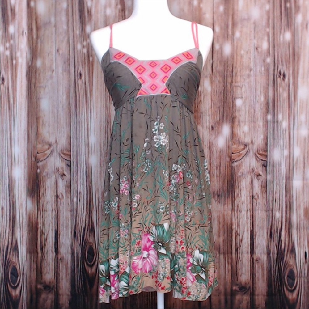 Free People Blossom Pink Olive Embroidered dress L
